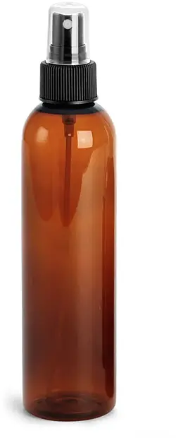 8 oz Amber PET Cosmo Round Bottles w/ Black Fine Mist Sprayers