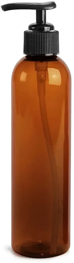 8 oz Amber PET Cosmo Round Bottles w/ Black Lotion Pumps
