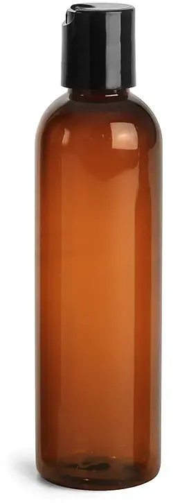 4 oz Amber PET Cosmo Round Bottles w/ Smooth Black Disc Top Caps