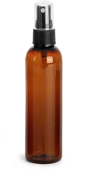 4 oz Amber PET Cosmo Round Bottles w/ Black Fine Mist Sprayers
