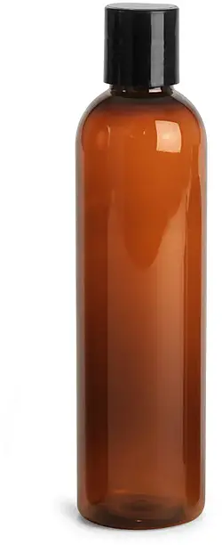 8 oz Amber PET Cosmo Round Bottles w/ Smooth Black Disc Top Caps