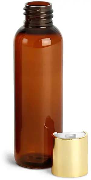 2 oz Amber PET Cosmo Round Bottles w/ Gold Disc Top Caps