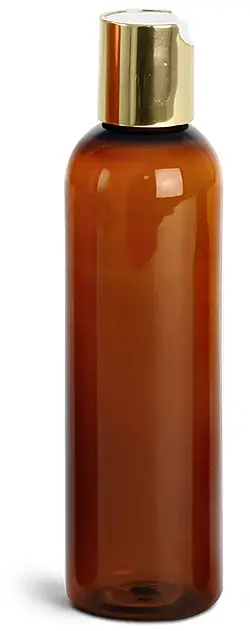 8 oz Amber PET Cosmo Round Bottles w/ Gold Disc Top Caps