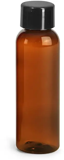 2 oz Plastic Bottles, Amber PET Cosmo Round Bottles w/ Smooth Black Plastic Lined Caps