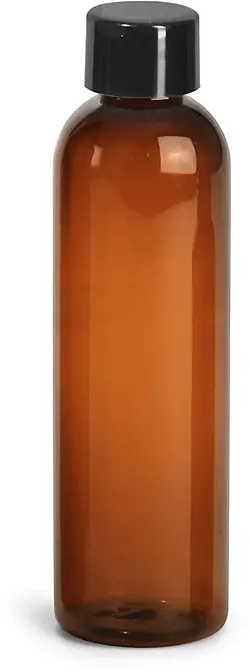 4 oz Plastic Bottles, Amber PET Cosmo Round Bottles w/ Smooth Black Plastic Lined Caps
