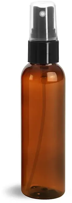 8 oz Plastic Bottles, Amber PET Cosmo Round Bottles w/ Smooth Black Fine Mist Sprayers