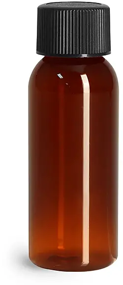 1 oz Amber PET Cosmo Round Bottles w/ Black Ribbed PE Lined Caps