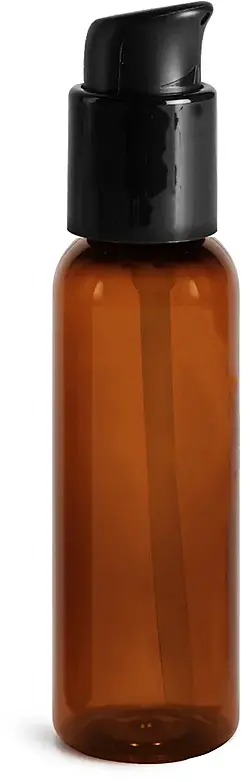 2 oz Amber PET Cosmo Round Bottles w/ Black Treatment Pumps