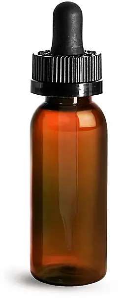 1 oz Plastic Bottles, Amber PET Cosmo Round Bottles w/ Black Child Resistant Droppers