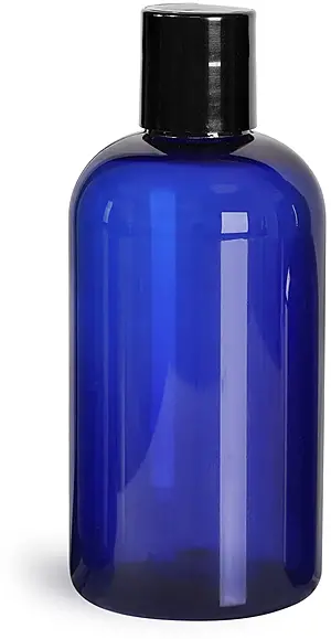 8 oz Blue PET Boston Round Bottles w/ Black Disc Top Caps