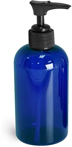 8 oz Blue PET Boston Round Bottles w/ Black Pumps