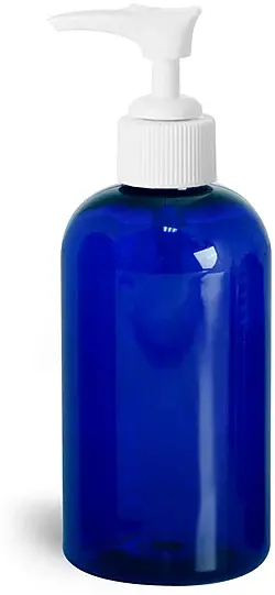 8 oz Blue PET Round Bottles w/ White Pumps