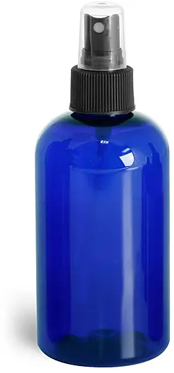 8 oz Blue PET Boston Round Bottles w/ Black Fine Mist Sprayers