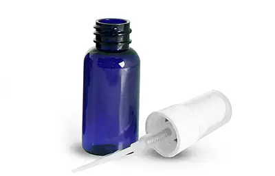 1 oz Blue PET Boston Round Bottles w/ White Fine Mist Sprayers