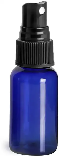 1 oz Blue PET Boston Round Bottles w/ Black Fine Mist Sprayers