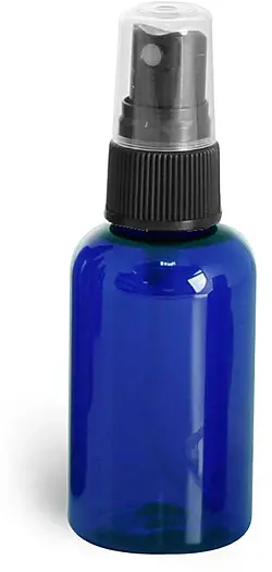 2 oz Blue PET Boston Round Bottles w/ Black Fine Mist Sprayers