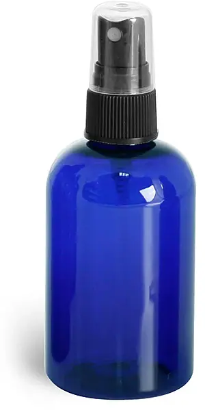 4 oz Blue PET Boston Round Bottles w/ Black Fine Mist Sprayers
