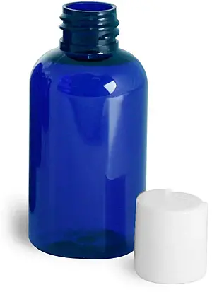 2 oz Blue PET Boston Round Bottles w/ White Disc Top Caps