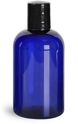 4 oz Blue PET Boston Round Bottles w/ Black Disc Top Caps