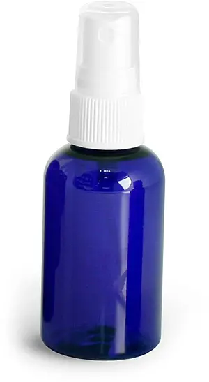 2 oz Blue PET Boston Round Bottles w/ White Fine Mist Sprayers