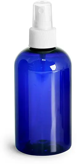4 oz Blue PET Boston Round Bottles w/ White Fine Mist Sprayers
