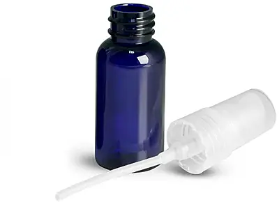 1 oz Blue PET Boston Round Bottles w/ Natural Treatment Pumps