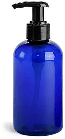 8 oz Blue PET Boston Round Bottles w/ 2 cc Black Lotion Pumps