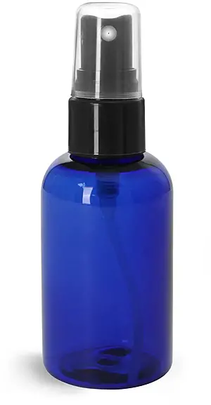 2 oz Plastic Bottles, Blue PET Boston Round Bottles w/ Smooth Black Fine Mist Sprayers
