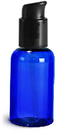 2 oz  Blue PET Boston Round Bottles w/ Black Treatment Pumps