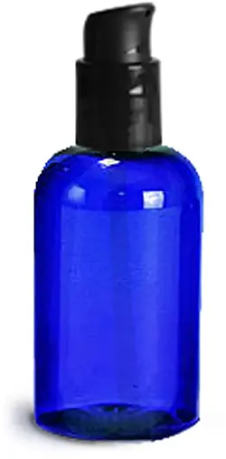 4 oz  Blue PET Boston Round Bottles w/ Black Treatment Pumps
