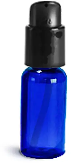 1 oz Blue PET Boston Round Bottles w/ Black Treatment Pumps