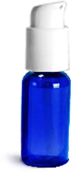 1 oz  Blue PET Boston Round Bottles w/ White Treatment Pumps