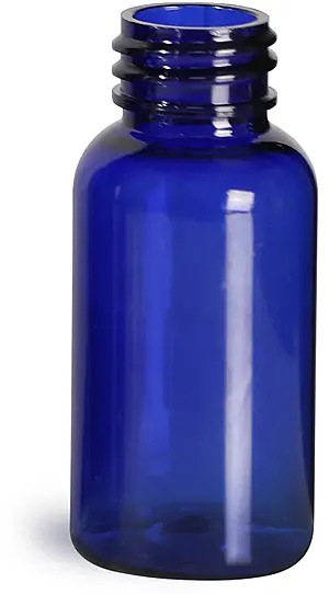 1 oz Blue PET Boston Round Bottles (Bulk), Caps NOT Included