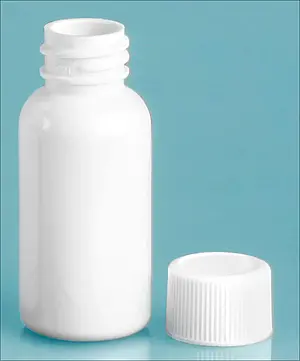 1 oz White PET Boston Round Bottles w/ White Ribbed Polypropylene Caps