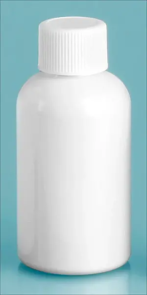 2 oz White PET Boston Round Bottles w/ White Ribbed Polypropylene Caps
