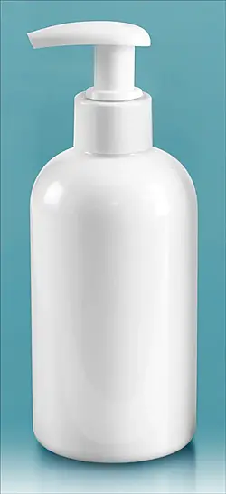 8 oz White PET Boston Round Bottles w/ 2 cc White Lotion Pumps