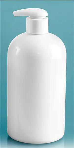 16 oz White PET Boston Round Bottles w/ 2 cc White Lotion Pumps