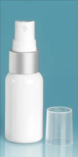 1 oz White PET Boston Round Bottles w/ White Brushed Aluminum Sprayers