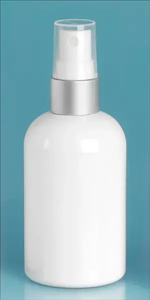 4 oz White PET Boston Round Bottles w/ White Brushed Aluminum Sprayers