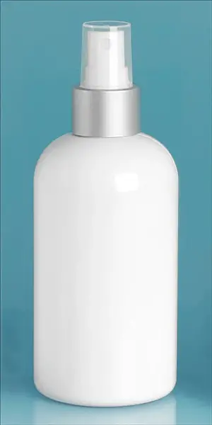 8 oz White PET Boston Round Bottles w/ White Brushed Aluminum Sprayers