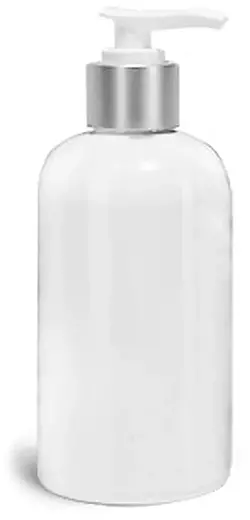 8 oz White PET Boston Round Bottles w/ White Brushed Aluminum Lotion Pumps