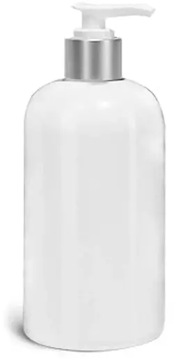 16 oz White PET Boston Round Bottles w/ White Brushed Aluminum Lotion Pumps