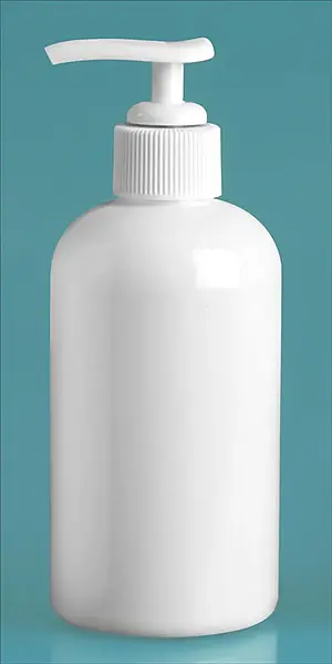 8 oz White PET Boston Round Bottles w/ White Lotion Pumps