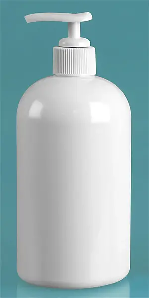 16 oz White PET Boston Round Bottles w/ White Lotion Pumps