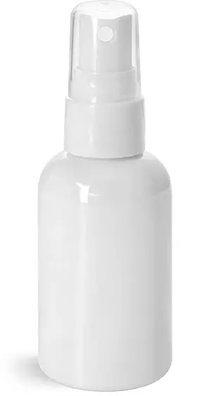 2 oz Plastic Bottles, White PET Boston Round Bottles w/ Smooth White Fine Mist Sprayers