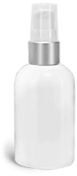 2 oz PET Plastic Bottles, White Boston Round Bottles w/ White Brushed Aluminum Pumps