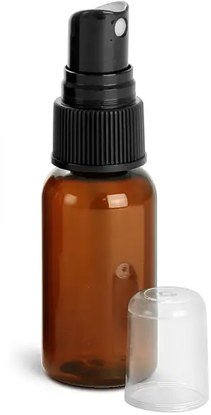 1 oz Amber PET Boston Round Bottles w/ Black Fine Mist Sprayers