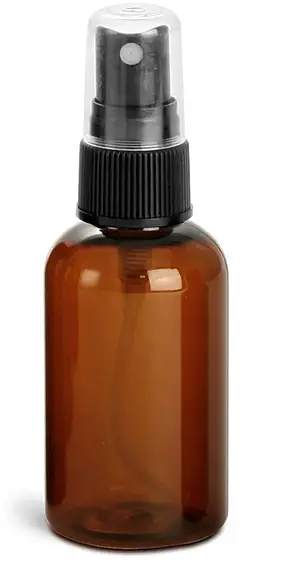 2 oz Amber PET Boston Round Bottles w/ Black Fine Mist Sprayers