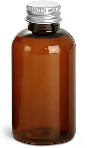 2 oz Amber PET Boston Round Bottles w/ Lined Aluminum Caps