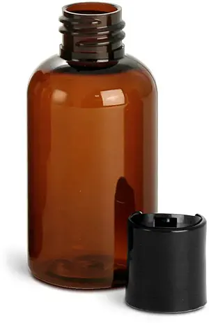2 oz Amber PET Boston Round Bottles w/ Black Disc Top Caps